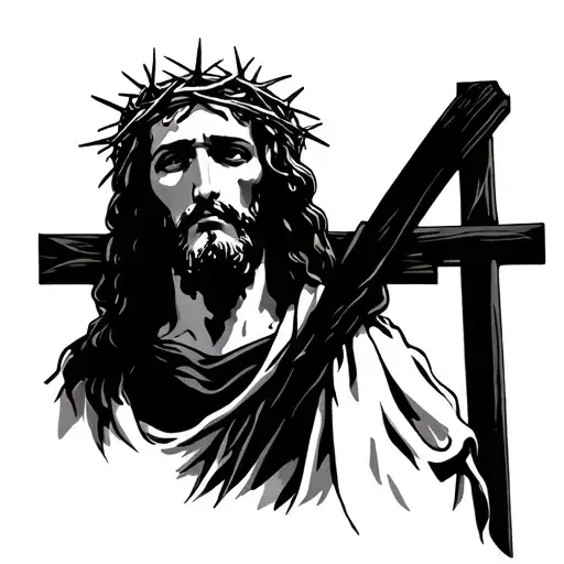 Jesus Wearing Crown Of Thorns Above 3 Crosses