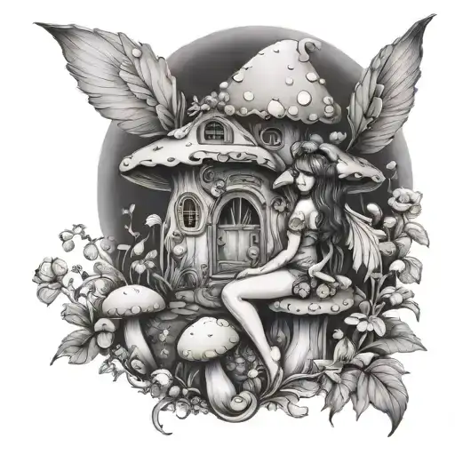 Curvy Winged Fairy Sitting In A Mushroom Garden Scene With A Mushroom House