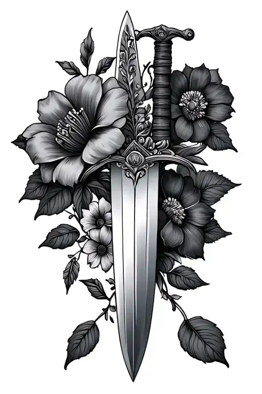 Sword In Inner Forearm By Wrist With Mexican Style Realistic Flowers