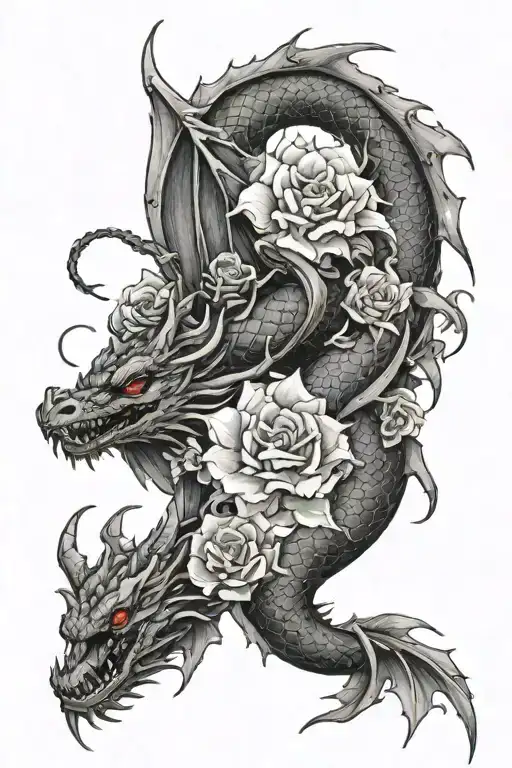 Flowers Going Down The Back With A Red Dragon Wrapped Around It Going Down
