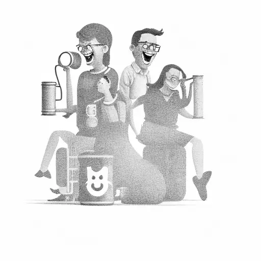 A Black And Grey Portrait Of A Group Of Friends Laughing And Holding Tin Can Telephones