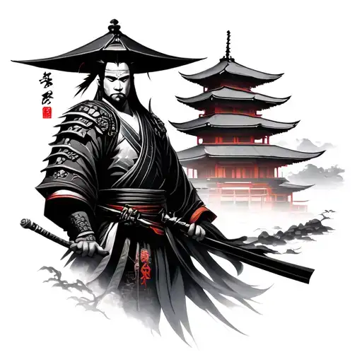 Samurai And Temple Surrounded By Cherry