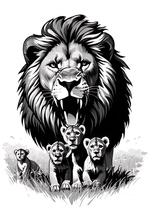 Lion Roaring With Three Cubs Playing In Fields