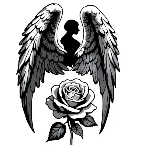 Two Angel Wings In Profile With A Rose Just Below