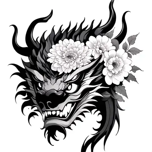 Hannya Dragon Mask With Chrysanthemum Flower Bouquet