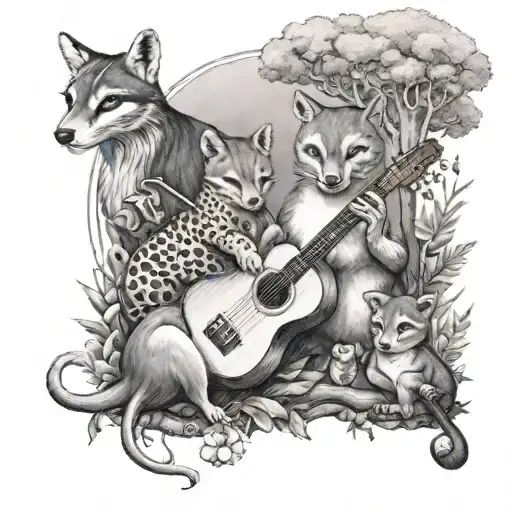 A Family Of Animals Playing Musical Instruments In A Nature Setting