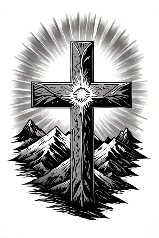Cross With Sun Rays And Mountain