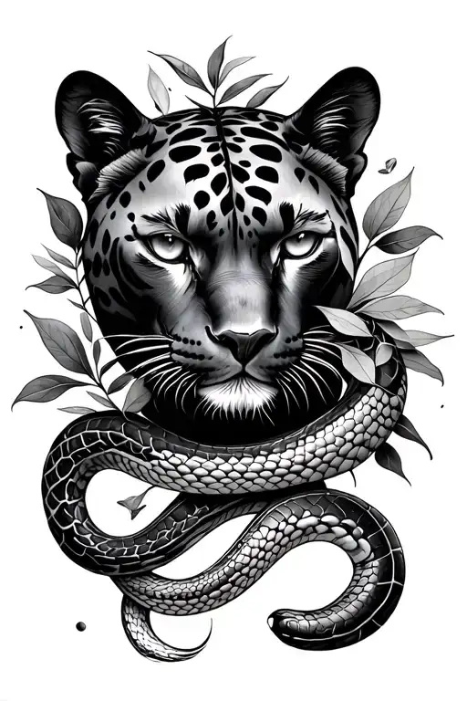 Eyes Of A Panther Covered With Leaves And A Snake Wrapped