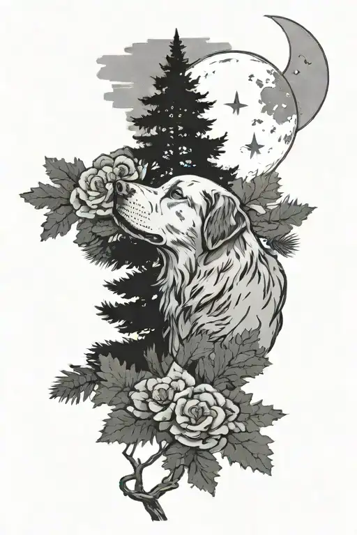 An Evergreen Tree With Dog Sleeping Moon Surrounded