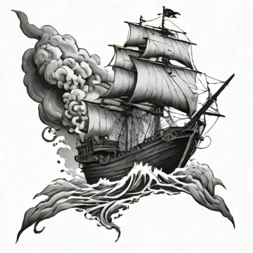 One Piece Pirate Ship Sailing Through A Marvel Superhero Universe Under A Rainy Sky