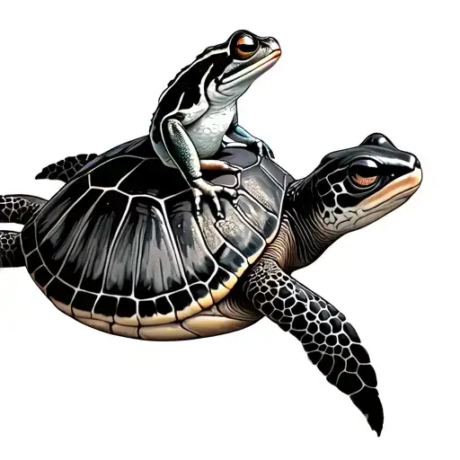 Small Tree Frog Contently Traveling On The Back Of A Sea Turtle