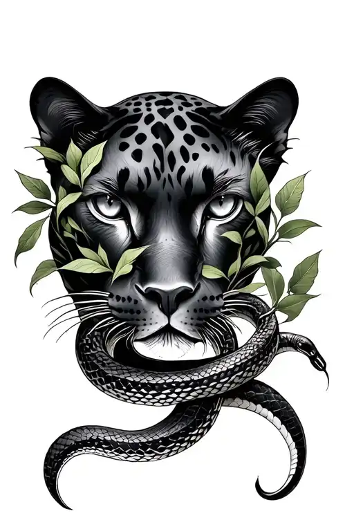 Eyes Of A Panther Covered With Leaves And A Snake Wrapped