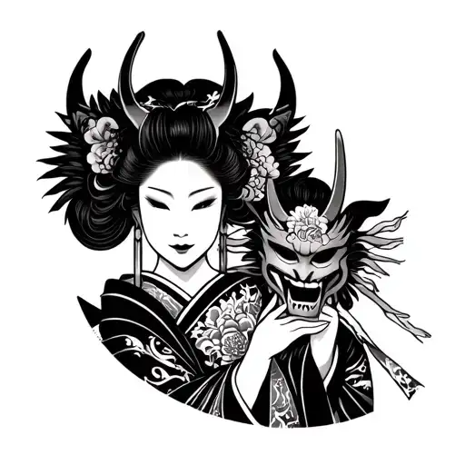 Japanese Geisha Portrait With Oni Demon Mask Holding