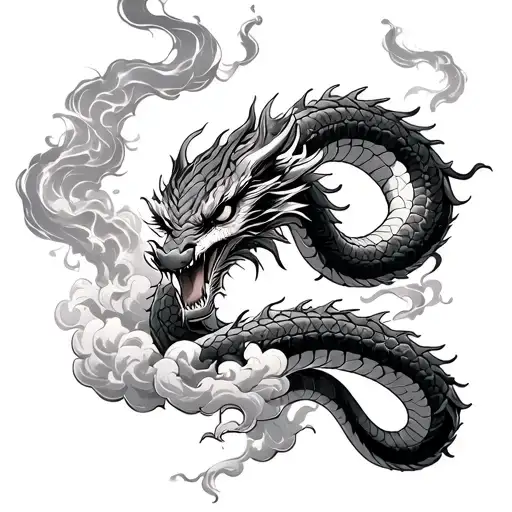 Evil Japanese Dragon Coiling Evil Snake Around Cloud Smoke Japanese Style