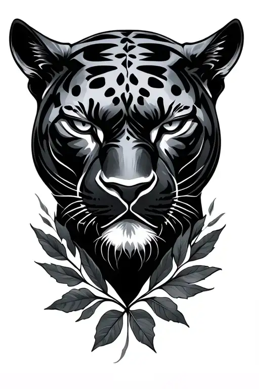 Black Panther Bust With Front View And Leaves Making Negative Space