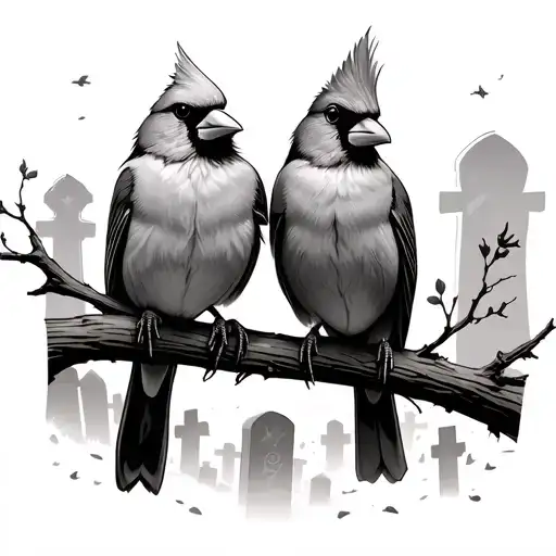Male And Female Cardinals Sitting On A Branch Overlooking A Graveyard