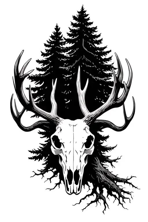 Pine Tree With Roots Elk Skull With Antlers