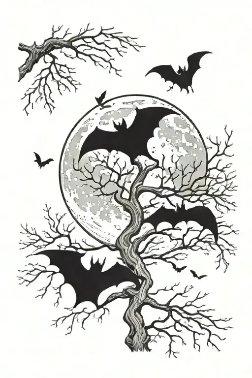 Leafless Tree Bats Flying Full Moon