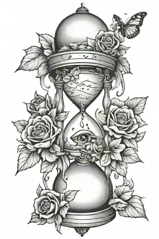 Hourglass With Crying Eye In Top Surrounded By Flowers