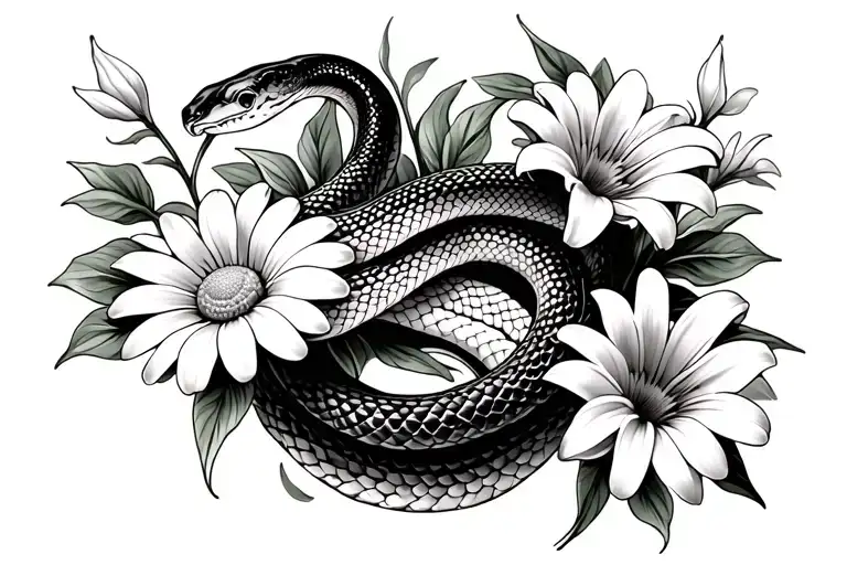 Snake Wrapping Around Daisy Flowers And Lily Flowers