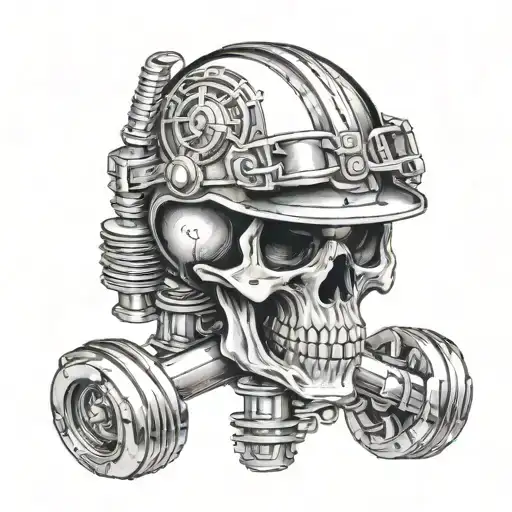 Skull Wearing Helmet And Crossing Pistons Intertwined