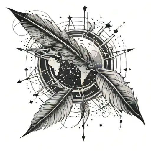 A Black-grey Tattoo Of A Constellation Map With A Feather Quill Pen Floating In Space