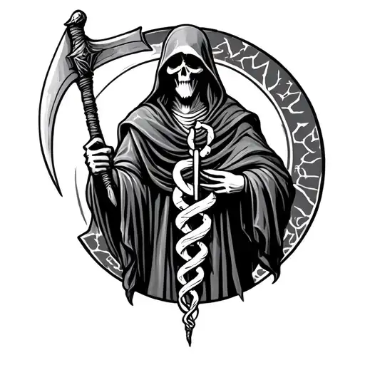 Rod Of Asclepius With Grim Reaper Holding A Scythe