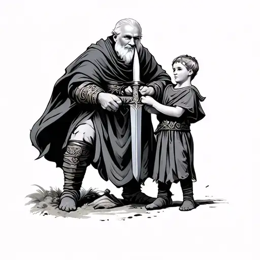A Grandfather Hold Their Grandson Hand Holding Sword