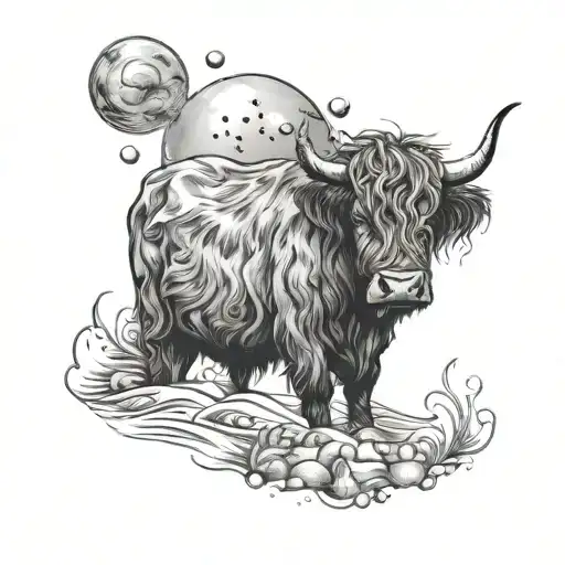 A Sleeping Highland Cow With A Dream Bubble Filled With Beach Scenes