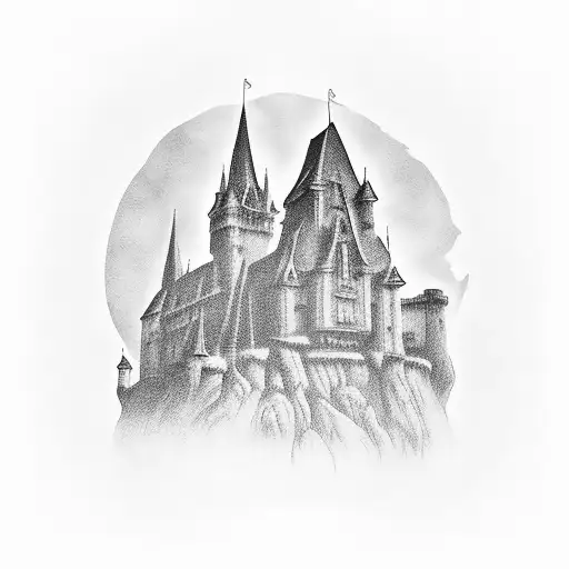Gothic Background With Castle And Cloaked Figures In Foreground