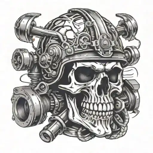 Skull Wearing Helmet And Crossing Engine Pistons Intertwined