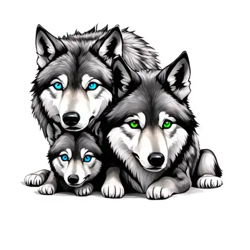 Parent Wolf With Blue Eyes With 2 Older Cubs With Blue And Green Eyes