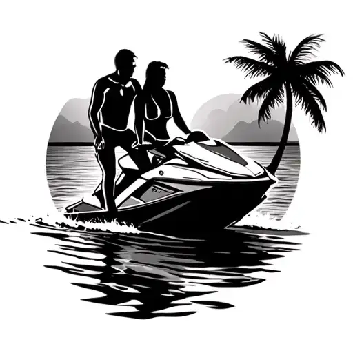 Couple On A Jetski With Sunset In The Background Black And White