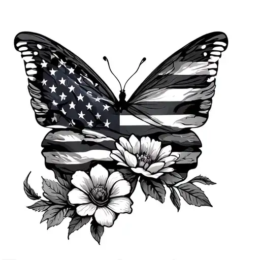 Us Flag As Wing Butterfly And Flower