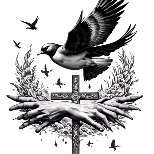 8 Bird Flying Towards Hands And Jesus Cross Surrounded
