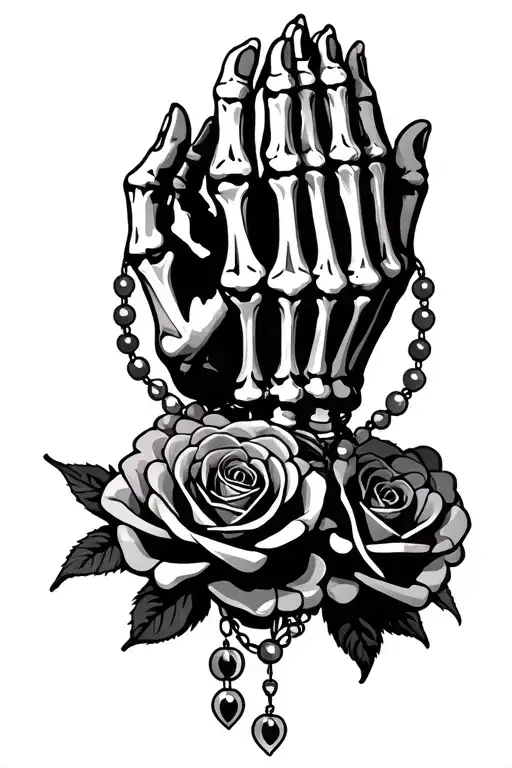 Skeleton Hands Praying With Rosary Beads Wrapped Around And Roses Around The Bottom