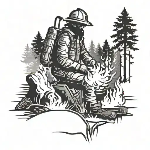 A Campfire Scene With A Silhouette Of A Firefighter In The Woods