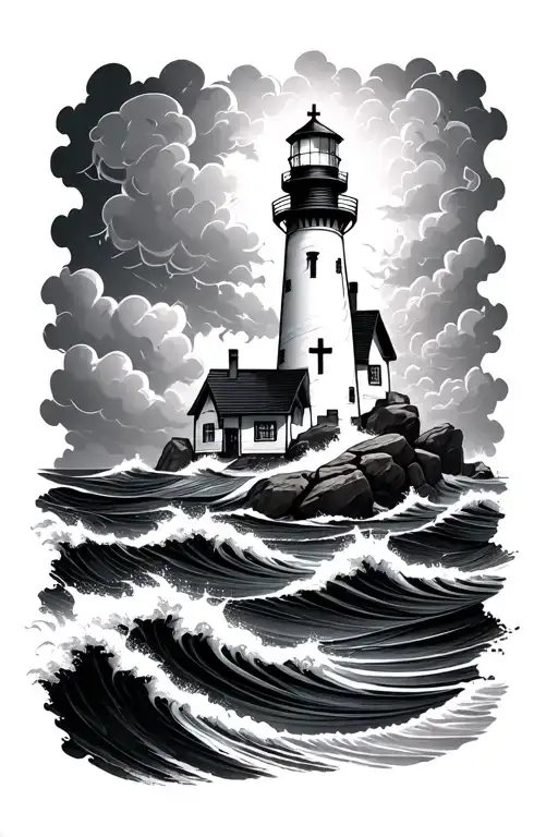 Christian Light House Storm Clouds Cross Ocean Waves Rocks