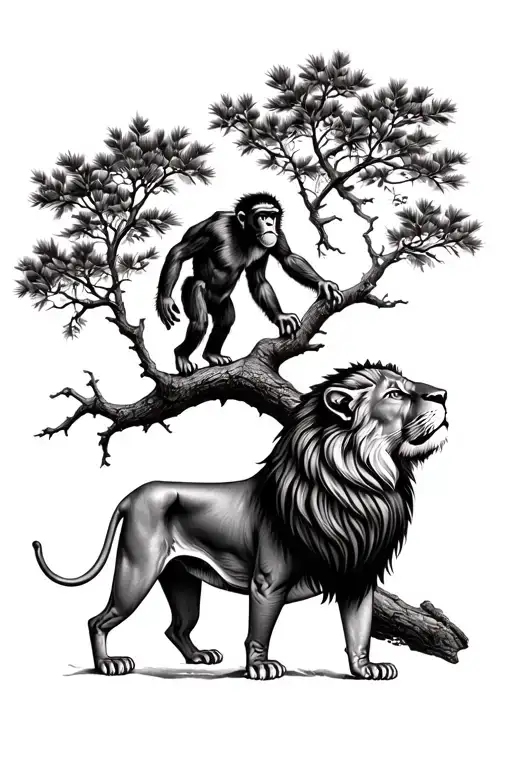 Monkey On A Tree And Lion Below Looking Up