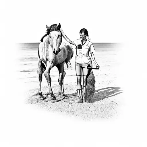 A Black-grey Tattoo Of A Veterinarian Caring For A Wounded Horse On A Sandy Beach