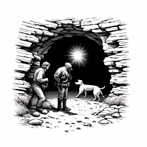 Dark Cave With A Man And Dog Exploring The Inside Of The Cave With A Flashlight