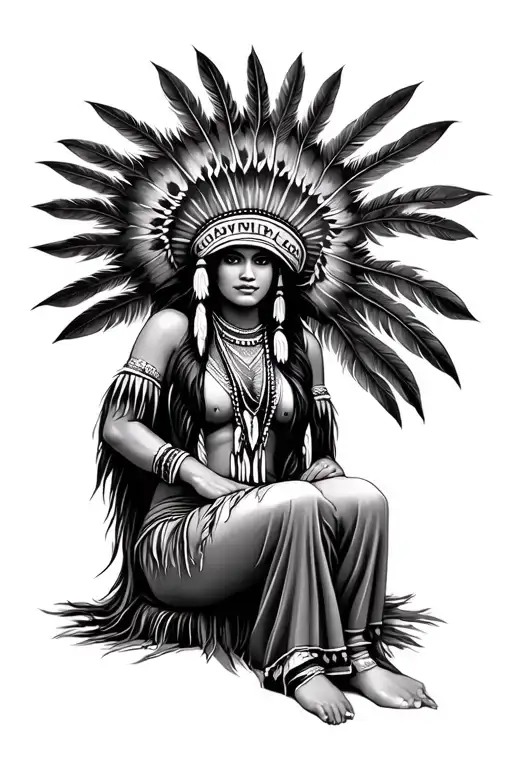 American Indian Princess With Long Feather Hat Sitting