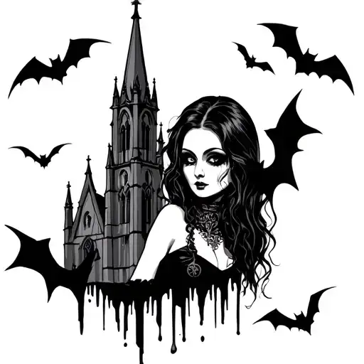 Goth Woman Face With Gothic Cathedral And Bats