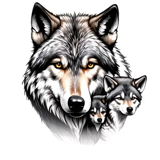 Wolf With Two Wolf Pups