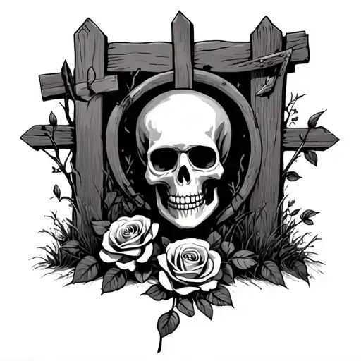 Skeleton With Rose Into Fence With Cross Behind It