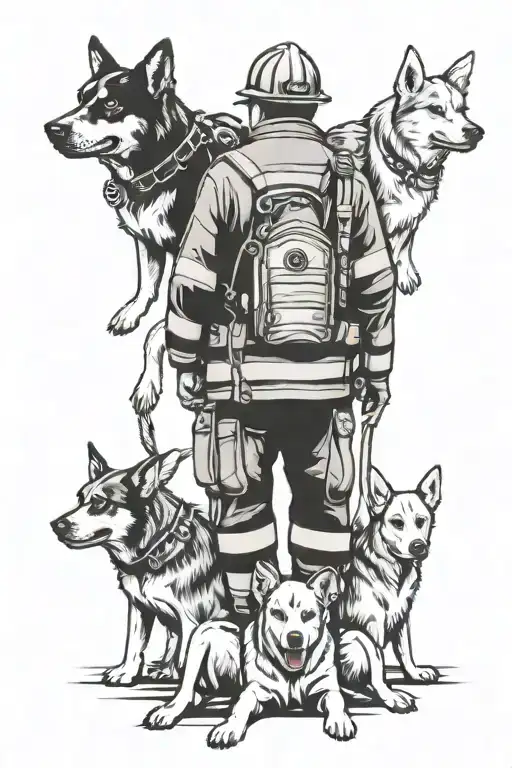 A Black And Grey Tattoo Design Of A Veteran Firefighter Embracing A Pack Of Loyal Dogs