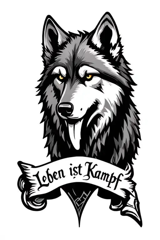 Create The Image Of A Stylized Wolf With A Wolf Tooth Rune And The Inscription Leben Ist Kampf