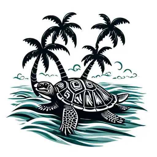 Small Simple Taino Turtle With Palm Trees And Waves