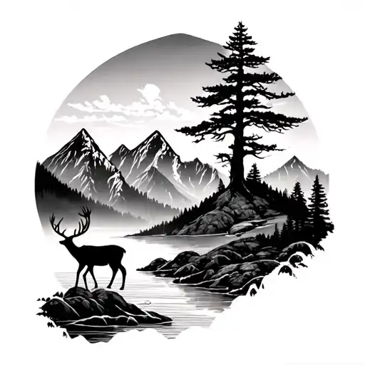 Mountain Range With River Flowing Deer Standing And A Big Tree From The Bottom To Top