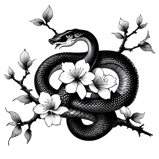 Japanese Blossom Branch With A Snake Weaving Through The Branches